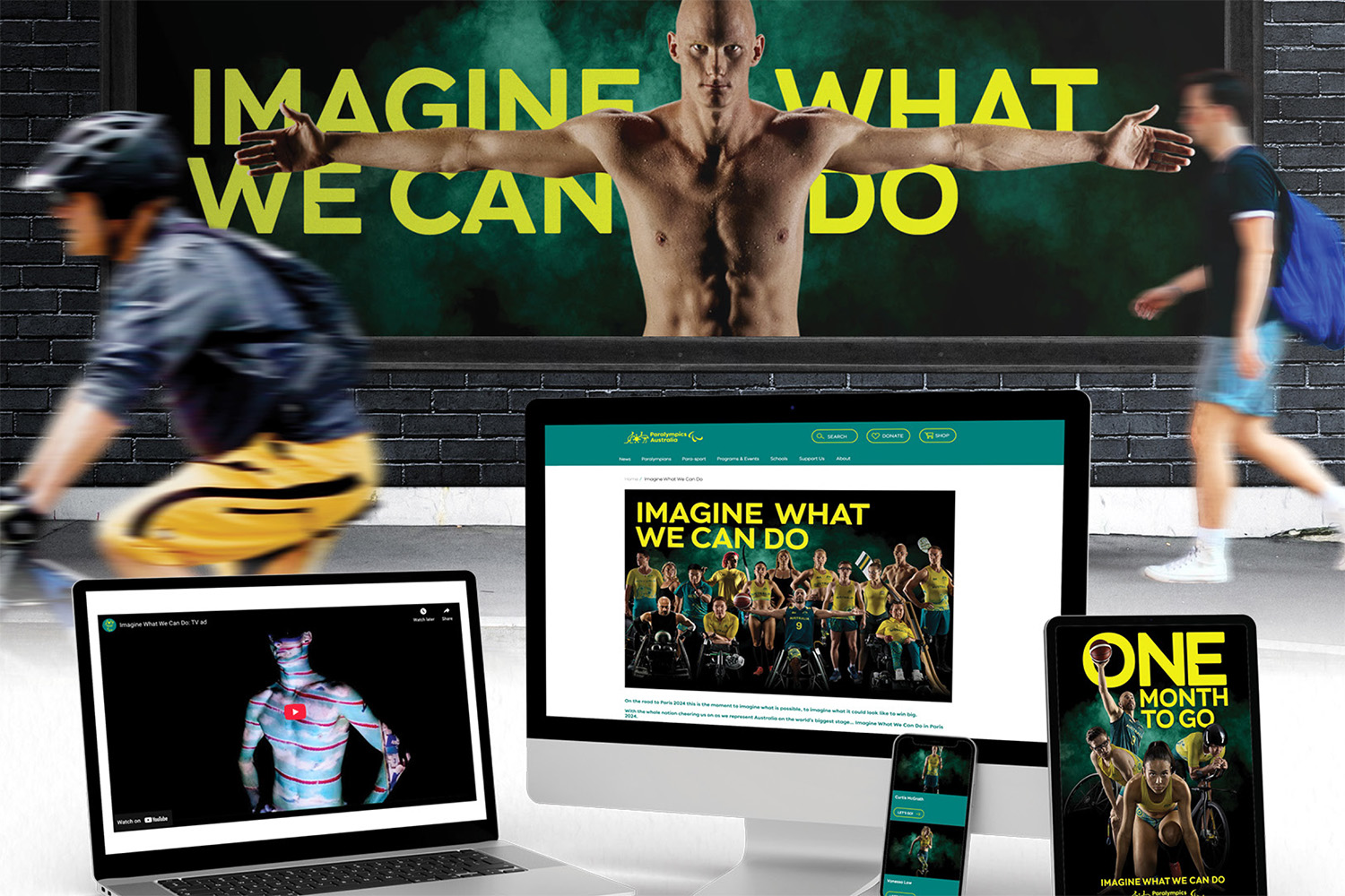 Image of a laptop, computer screen and booklet showing Paralympics Australia marketing assets