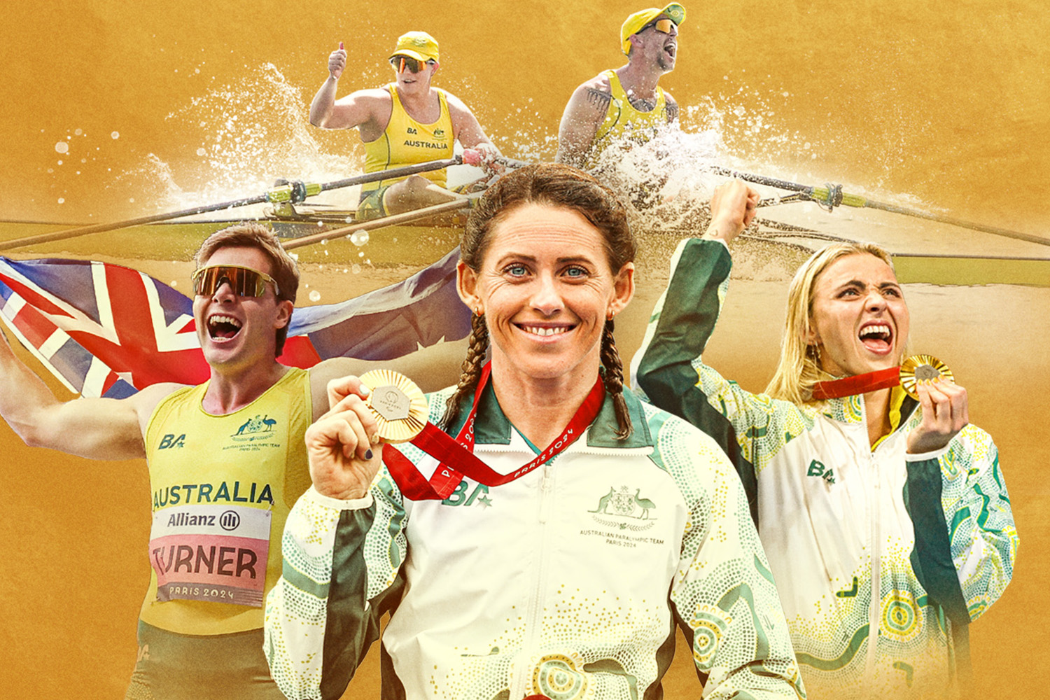 Athlete montage holding paralympic medals and Australian flag