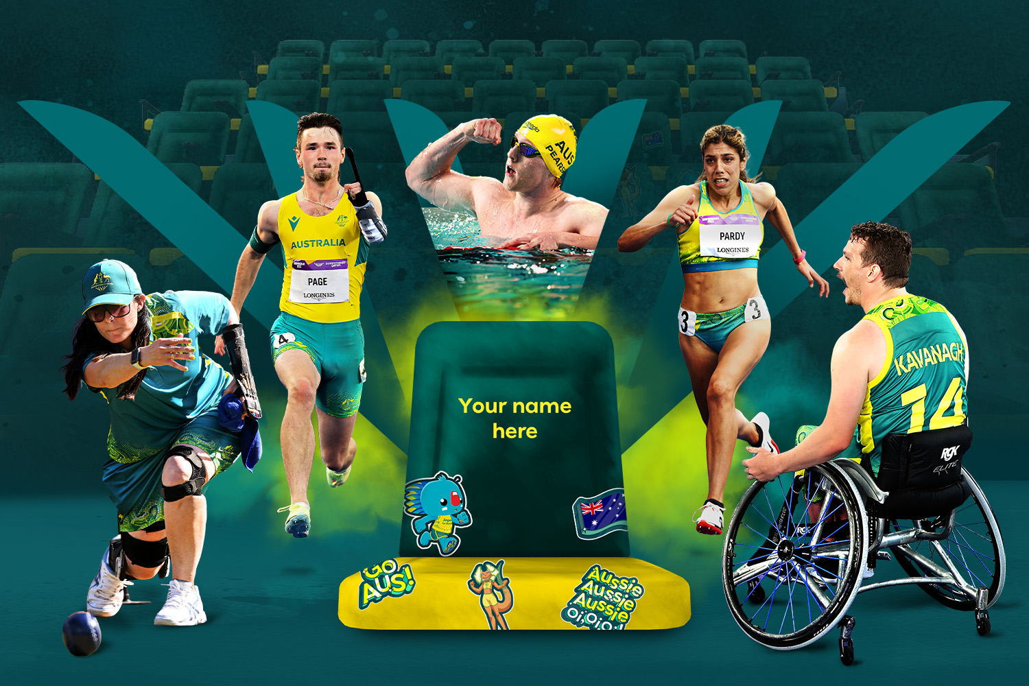 http://Various%20Para%20athletes%20surrounding%20a%20green%20and%20gold%20seat