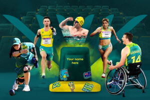 Various Para athletes surrounding a green and gold seat