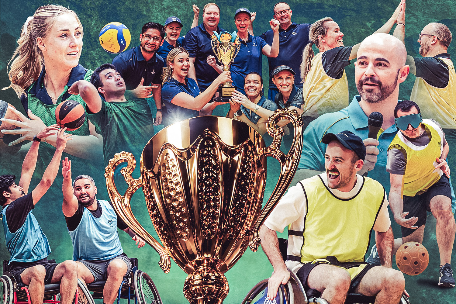 A collage of Diverse group celebrating around a large gold trophy