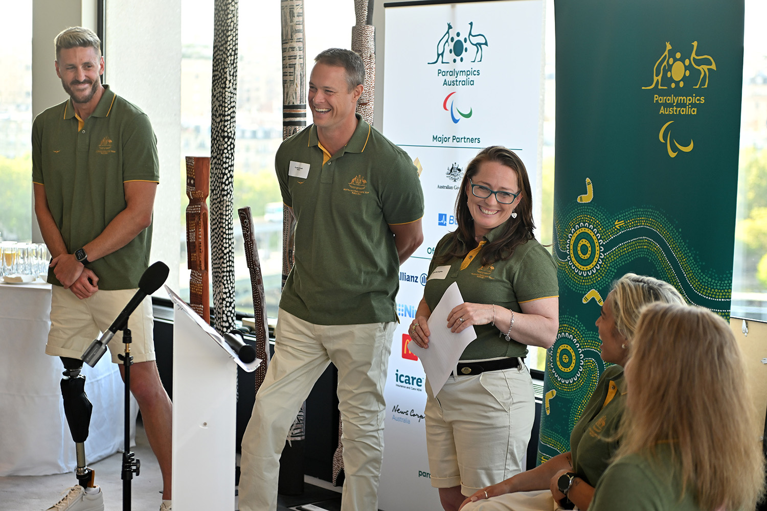 Brenden Hall, Curtis McGrath, Kate McLoughlin, Madison de Rozario and Angie Ballard speaking at an event