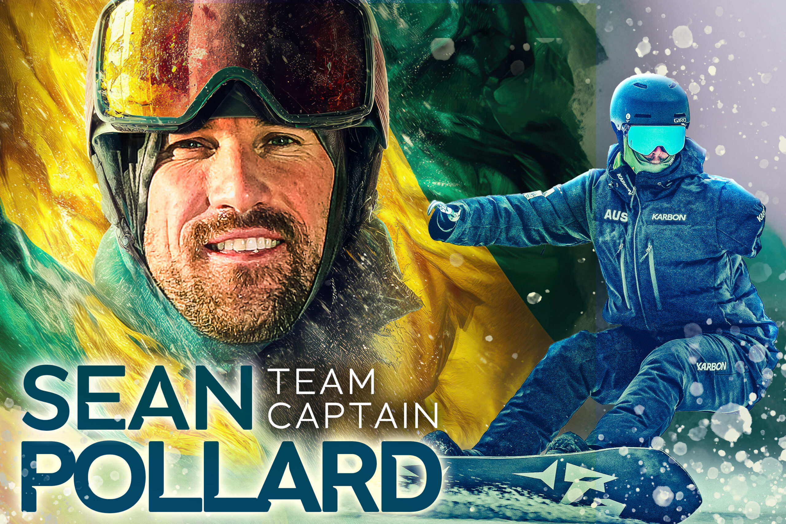 Montage of Para-snowboarder Sean Pollard. Text reads: Sean Pollard, TEam Captain