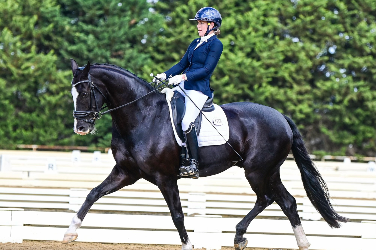Woman equestrian in navy jacket and helmet rides a black horse with white socks in a dressage arena outdoors as spectators watch nearby, performing an extension stride.